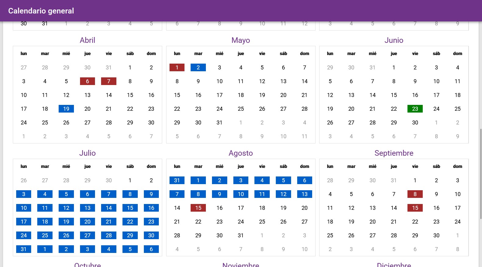 Vista Administración calendario general Anual