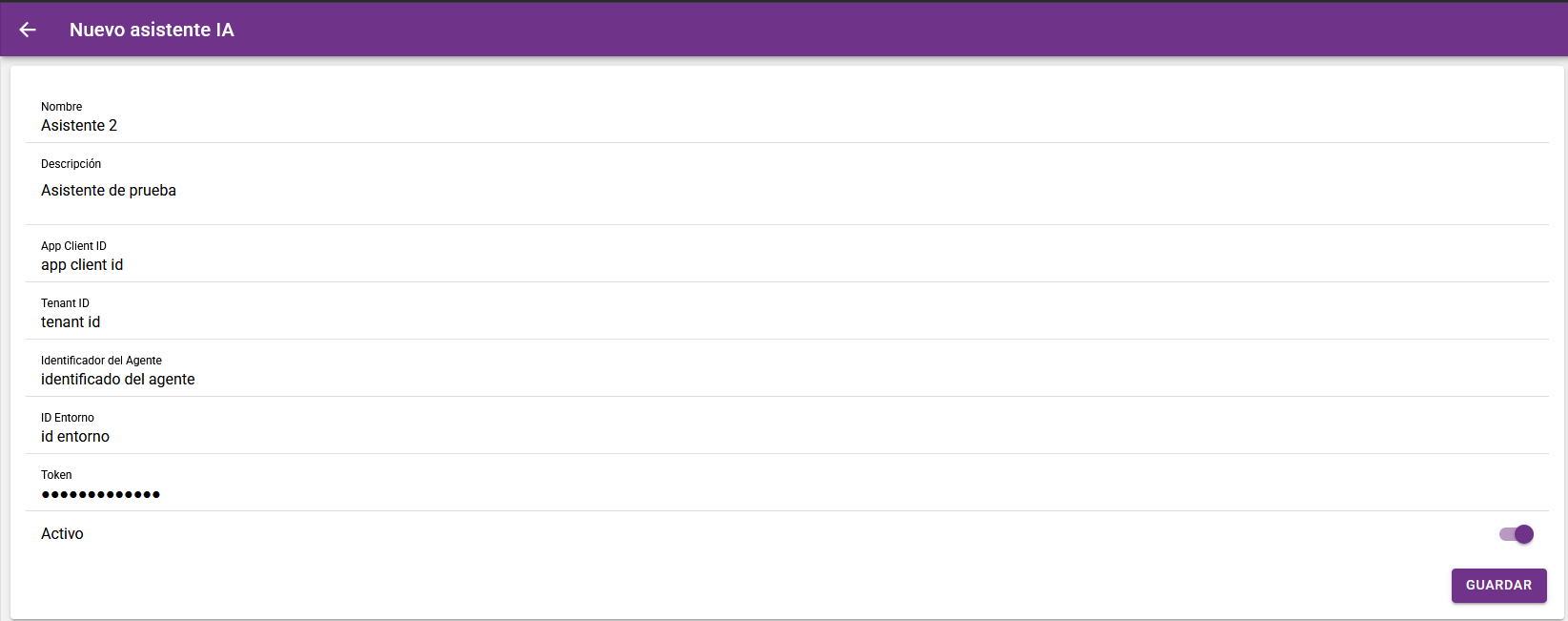 Formulario para crear un nuevo asistente IA