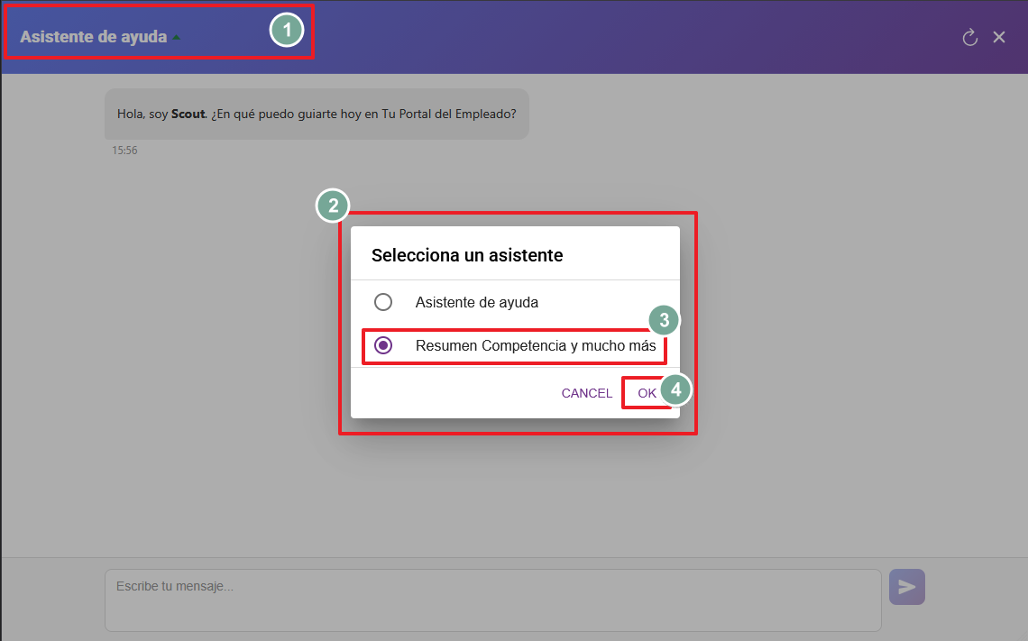 Selector de asistente en la cabecera del chat