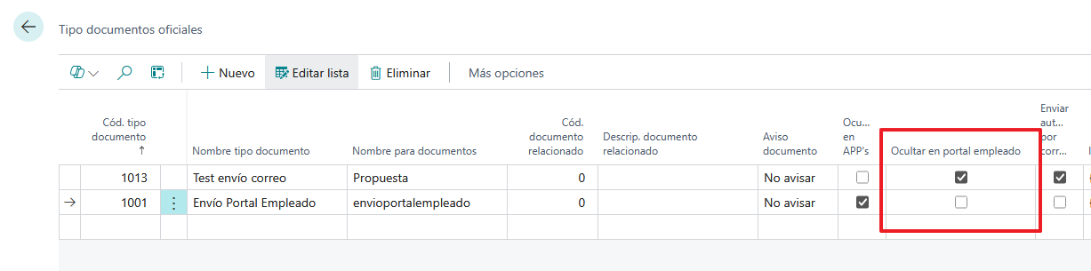 Interfaz de Business Central: Columna Ocultar en portal empleado resaltada en la tabla de tipos de documentos