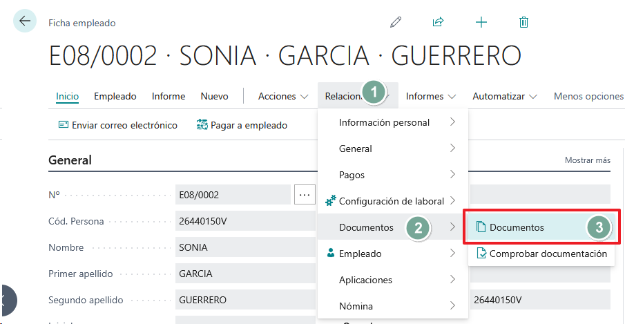 Interfaz de Business Central mostrando la ruta de navegación numerada: Relacionado > Documentos > Documentos dentro de la ficha de un empleado.