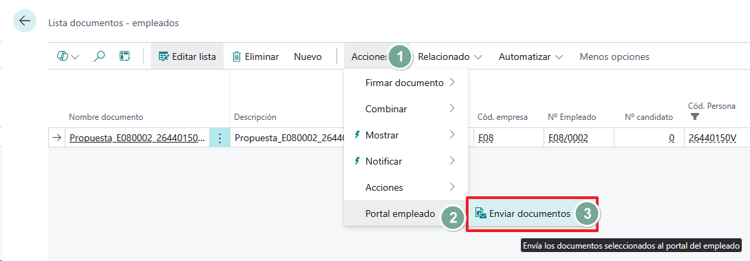 Interfaz de Business Central: Navegación numerada desde la Lista de documentos del empleado hacia la acción Enviar documentos a través del menú Acciones y Portal empleado
