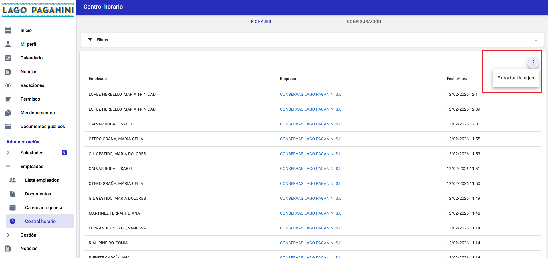 Menu exportar fichajes