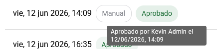 Tooltip mostrando "Aprobado por Kevin Admin el 12/06/2026, 14:09"