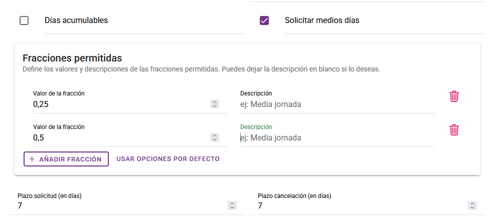Configuración de fracciones permitidas
