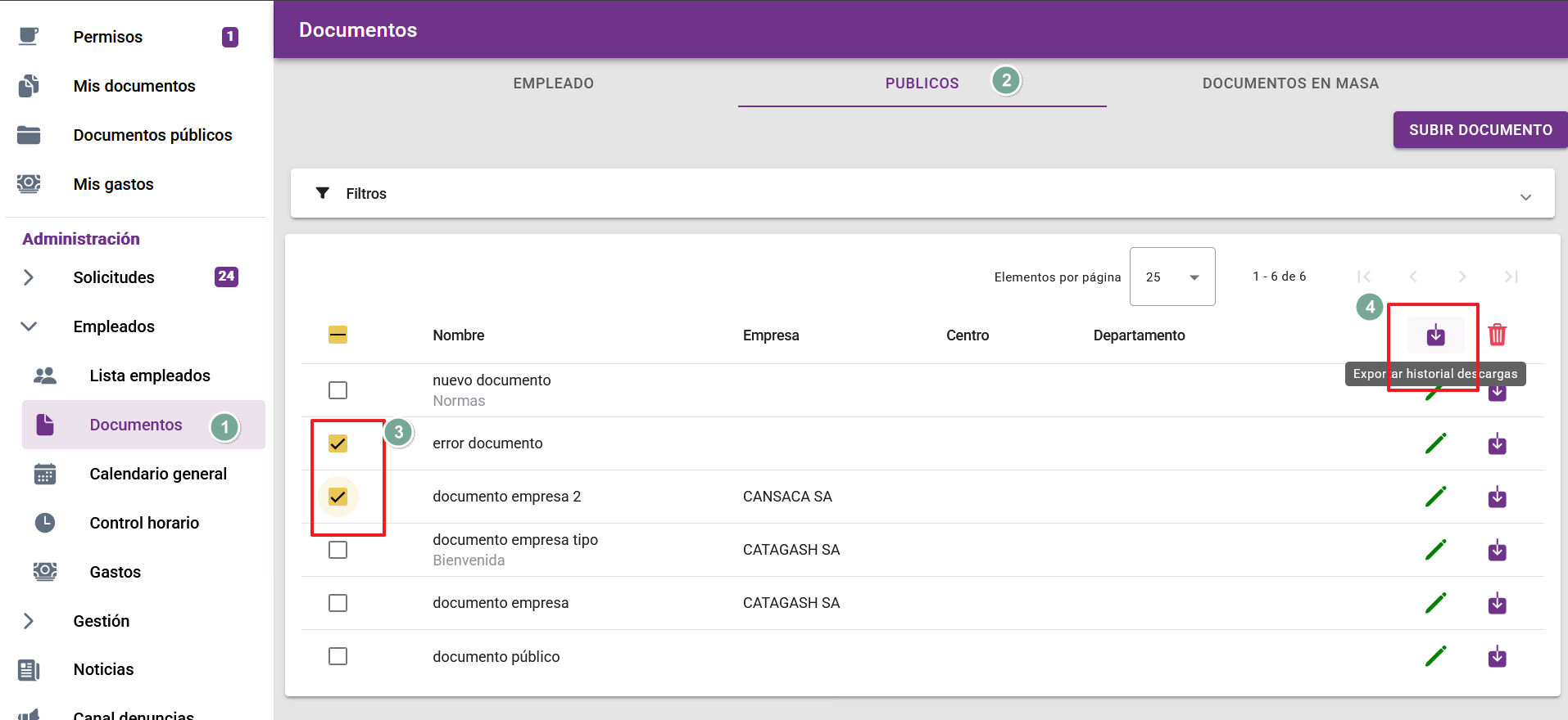 Exportar historial descarga de documentos públicos
